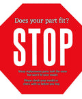Red stop sign with text advising to check if parts fit before purchase for Ultra Durable KSTK1 Stacking Kit For LG 27 Inch Front Load Washers And Dryers.