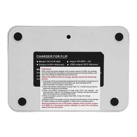 Bottom view of 60W Dual Battery Drone Charger 2 In 1 Charging Hub On The Go with visible model details and instructions