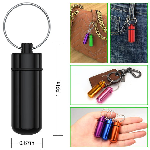 10 Pack Portable Aluminum Pill Case With Keychain in various colors, waterproof airtight metal mini box for outdoor camping travel