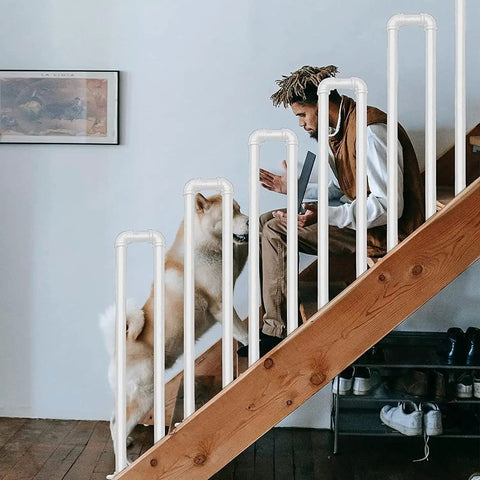 Heavy Duty Wrought Iron Staircase Handrail U Shaped Non Slip Safety Rail Built Tough For Indoor Or Outdoor Rooms Holds Four Forty Pounds Like An Absolute Champ with dog and person