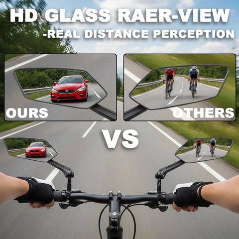 Cyclist using Two Pack Bike Mirrors for Handlebars With Real Glass Flat Lens and Sturdy Aluminum Clamp, clear rear view shown