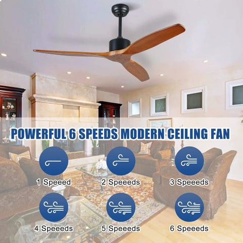 52 Inch Solid Wood Ceiling Fan No Light For Outdoor Patio With Three Brown Blades In Gray Walnut Finish Moisture Proof Farmhouse Style For Living Room Bedroom And Kitchen in a modern living room with 6 speed settings.