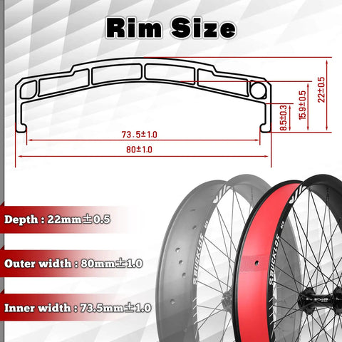 Diagram of 26X4.0 Fat Tire Front Wheel For Mountain Bike With 135mm Hub, showing rim dimensions and measurements