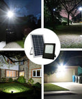 JUDYSSY Solar Floodlight Outdoor illuminating a garden, includes solar panel and floodlight design, IP65 waterproof aluminum.