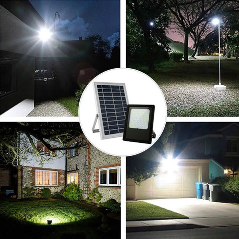 JUDYSSY Solar Floodlight Outdoor illuminating a garden, includes solar panel and floodlight design, IP65 waterproof aluminum.