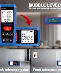 Boss Laser Distance Meter Measures 60m For Fast Jobs Without Stress with dual bubble levels displayed on backlit screen.