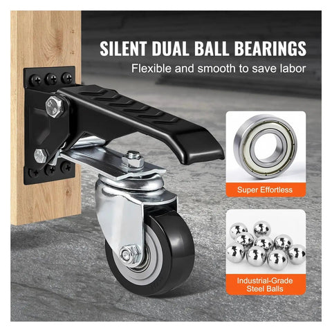 Heavy Duty Retractable Workbench Casters For Shop Tables Featuring Two Point Five Inch Urethane Wheels With Six Sixty Pound Rock Solid Hold and Zero Hassle Foot Step Lift For The Daily Grind with silent dual ball bearings