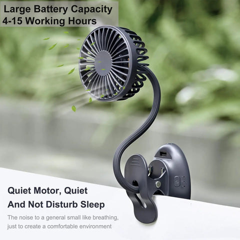 Clip On USB Mini Desk Fan with Emergency Power Bank Rechargeable, flexible neck, 3 speed, black, clip-on edge view