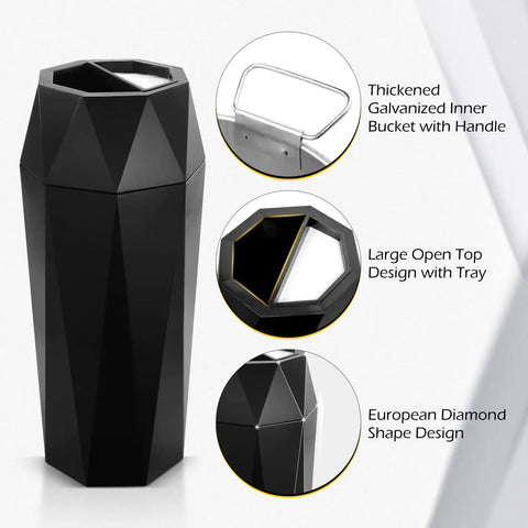 Top Shelf Commercial Trash Can And Outdoor Garbage Bin With Snug Lid Super Tough Stainless Steel Waste Container Made To Take A Beating For High Traffic Shops Or Offices Matte Black Trim showing diamond shape design, open top with tray, and galvanized inner bucket.