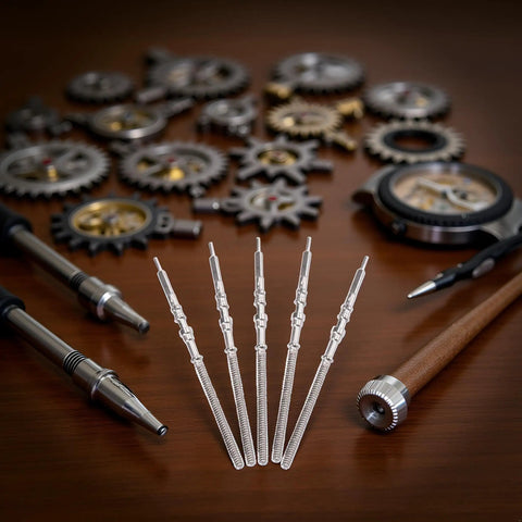 Five Piece Silver Steel Watch Stem Crown Kit For NH35 NH36 NH38 NH39 Movements with tool background