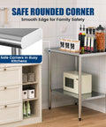 Stainless Steel Prep Table 24x36 Inch With Adjustable Undershelf And Backsplash Built To Last Heavy Duty Commercial Kitchen Work Table For Restaurant Garage And Outdoor Use NSF Certified And Rust Resistant shown in kitchen setting