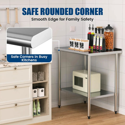 Stainless Steel Prep Table 24x36 Inch With Adjustable Undershelf And Backsplash Built To Last Heavy Duty Commercial Kitchen Work Table For Restaurant Garage And Outdoor Use NSF Certified And Rust Resistant shown in kitchen setting