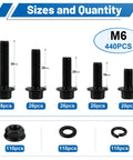 Massive M6 Flange Bolts Kit 440Pcs Black Zinc Plated Hex Flange Head Screws Set With Nuts And Washers For Automotive Machinery And DIY Repairs A Real Workhorse Durable Alloy Steel Construction For Long Lasting Performance M6x12 16 20 25 30mm sizes and quantities chart