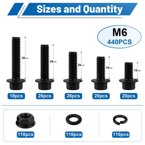 Massive M6 Flange Bolts Kit 440Pcs Black Zinc Plated Hex Flange Head Screws Set With Nuts And Washers For Automotive Machinery And DIY Repairs A Real Workhorse Durable Alloy Steel Construction For Long Lasting Performance M6x12 16 20 25 30mm sizes and quantities chart