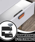 Multi Purpose Cabinet Installation Kit With Pro Grade Adjustable Drawer Jig And Locking Clamp Woodworking Fixture For Precise Desk Assembly Ergonomic Knob Clamps For Stable Furniture Installations Workshop Gear For DIY Projects shown beside installed drawer panel with G-type fixing clip.