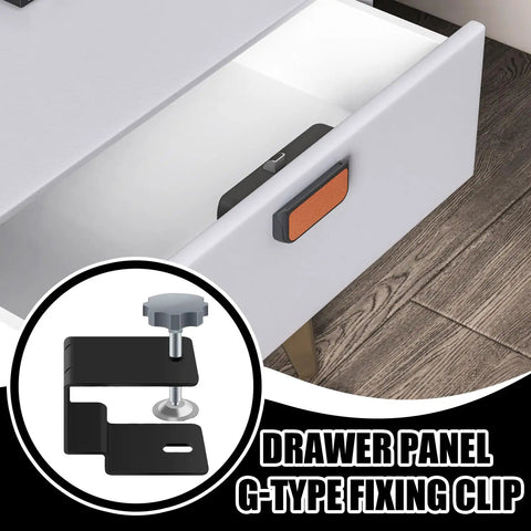 Multi Purpose Cabinet Installation Kit With Pro Grade Adjustable Drawer Jig And Locking Clamp Woodworking Fixture For Precise Desk Assembly Ergonomic Knob Clamps For Stable Furniture Installations Workshop Gear For DIY Projects shown beside installed drawer panel with G-type fixing clip.