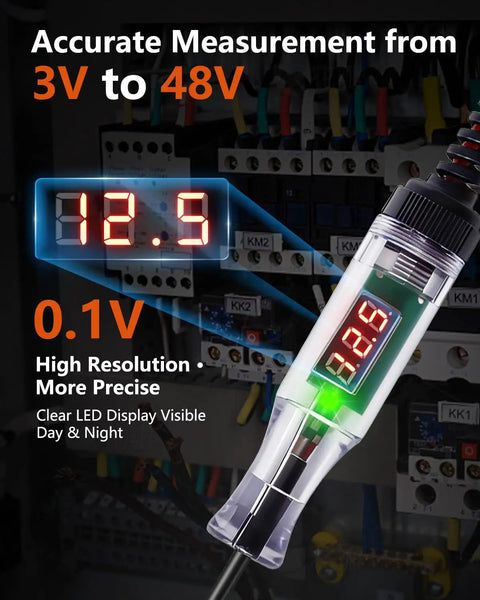 3-48V Automotive Test Light With Digital LED Voltage Tester Polarity Indicator 87 Inch Spring Cable And Stainless Steel Probe For Car RV Truck Fuse Battery Detection Easy Plug And Play Electrical Diagnostics, LED display