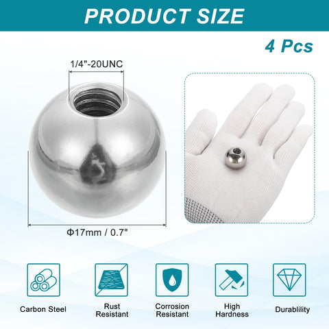 4 Pack 17mm Ball Nut Knobs With 1/4-20 UNC Female Threads, steel ball joint adapter in hand showing size, silver