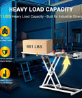 Heavy Duty Electric Hydraulic Lift Table Cart With 48V Power Handling Up To 661 Pounds Easily Foldable Platform Smooth Rolling Wheels for loading freight into a truck.
