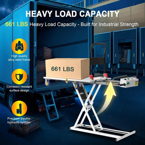 Heavy Duty Electric Hydraulic Lift Table Cart With 48V Power Handling Up To 661 Pounds Easily Foldable Platform Smooth Rolling Wheels for loading freight into a truck.