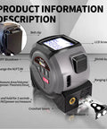 All In One Laser Rangefinder Tape Measure With LCD Distance Readout Up To 131 Feet And 40 Meters 0.1 Inch Precision 16 Foot Steel Tape Includes Heavy Duty Belt Clip For Fast Onsite Measurements. gray laser tape measure with LCD screen, belt clip, and steel tape