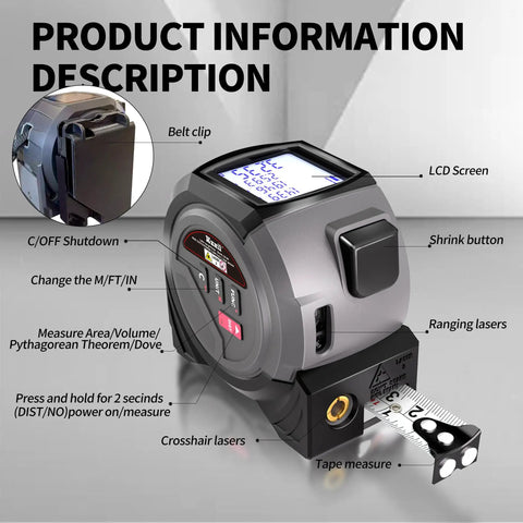 All In One Laser Rangefinder Tape Measure With LCD Distance Readout Up To 131 Feet And 40 Meters 0.1 Inch Precision 16 Foot Steel Tape Includes Heavy Duty Belt Clip For Fast Onsite Measurements. gray laser tape measure with LCD screen, belt clip, and steel tape