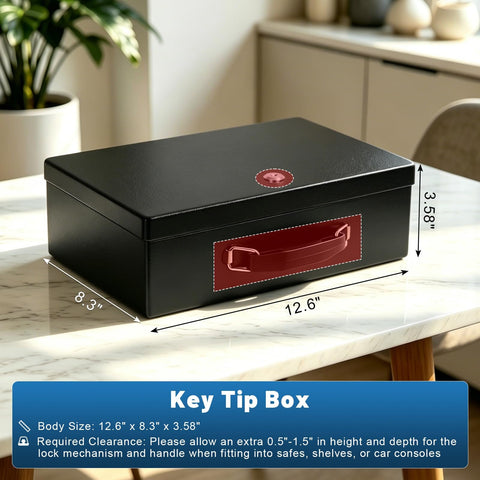 Fireproof Document Safe Box With Key Lock Water And Fire Resistant Storage Chest For Documents Jewelry Passport Cash Compact 12.6 By 8.3 By 4.3 Inches Black on marble table.