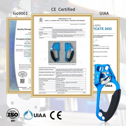 Right Hand Rope Ascender For 8 To 13mm Rope, Ultra Lightweight Aluminum Rope Clamp, certification documents and product view