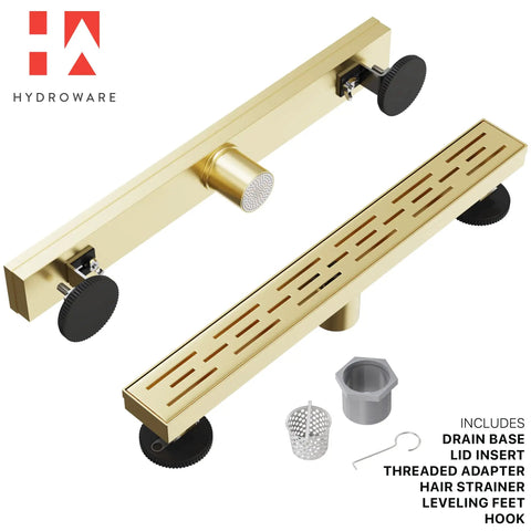 24 Inch Linear Shower Drain In Gold Finish, Slick Stainless Steel Rectangular Floor Drain With Removable Patterned Grate, Hair Strainer, And Threaded Adapter For Modern Shower Floors