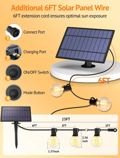 Outdoor Solar String Lights 25 Ft With Remote Waterproof Dimmable 3 Modes Patio Lighting diagram showing solar panel and bulbs.