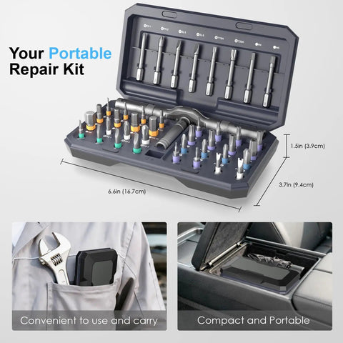 42 In 1 Magnetic Screwdriver Set With Ratchet Handle Portable Multi Bit Tool Kit shown open with bits and dimensions visible.