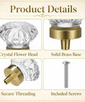 Slick 1.38 Inch Flower Shape Crystal Cabinet Knobs With Heavy Duty Solid Brass Base showing crystal head, brass base, secure threading, and included screws.