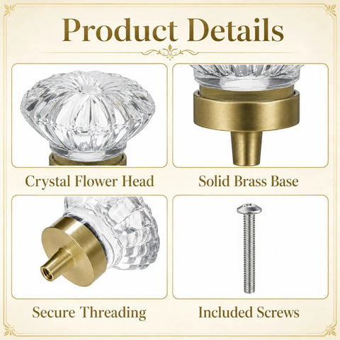 Slick 1.38 Inch Flower Shape Crystal Cabinet Knobs With Heavy Duty Solid Brass Base showing crystal head, brass base, secure threading, and included screws.