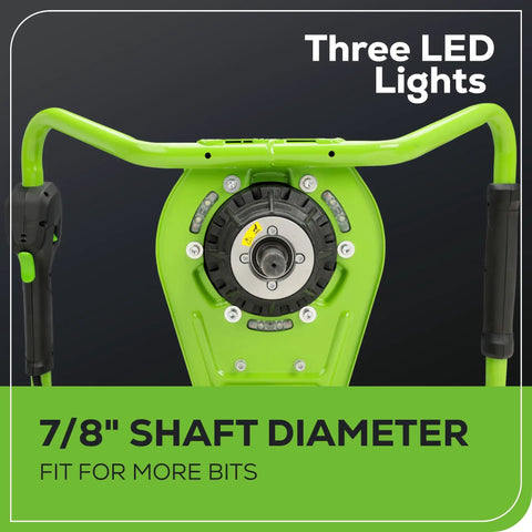 Close-up of 60V Brushless Earth Auger For Post Holes And Gardens, Heavy Duty Digger with LED lights and 7/8-inch shaft diameter