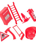 Eight Piece Realistic Fire Extinguisher Dollhouse Accessories For Creative Play And Educational Firefighting Scenes Lightweight Mini Firefighter Decor Great Gift For Kids And Hobbyists with red fire alarm, ladder, extinguisher, hat, and tools