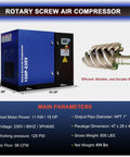 Heavy Duty 15 HP Rotary Screw Air Compressor, 56 CFM At 125 PSI, 230V 3 Phase, shown with specs and screw detail