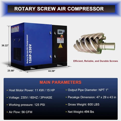 Ateupom 15HP Rotary Screw Air Compressor delivers a solid 56 CFM At 125 PSI With 230V 3 Phase Power. This Heavy Duty Unit Boasts Low Noise At Just 62 dB And Continuous Duty Operation For Industrial Workshops And Factories. Steel Construction Ensures