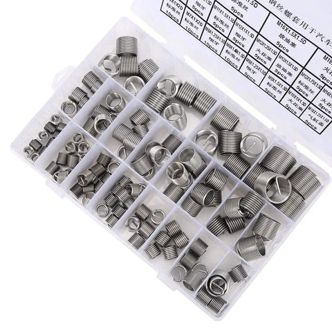 Stainless Steel Thread Repair Kit With M6 To M18 Inserts for Stripped Threads, organized in storage case