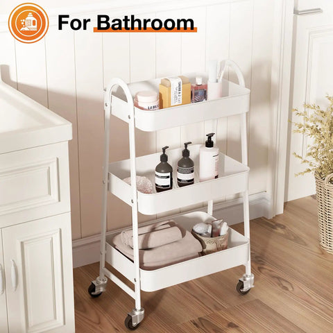 White 3-Tier Rolling Utility Cart With Locking Wheels For Small Spaces in bathroom holding toiletries and towels