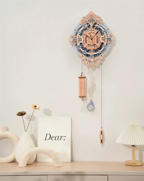 Dope Wooden Clock Kit 3D Mechanical Puzzle For Adults buildable wall clock shown installed with pendulum quartz movement
