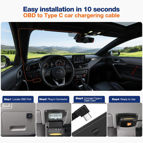 Ultimate OBD2 to USB C Adapter Hardwire Kit for Dash Cameras installation guide, showcasing connection steps in car interior.