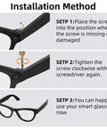 Steps showing how to use 1 Piece Screwdriver And 10 Piece Screw Set For Ray Ban Meta Wayfarer Skyler Headliner Gen 2 And Oakley Meta HSTN Smart Glasses Temple Screws Replacement Kit Quick Fix For Loose Temples.