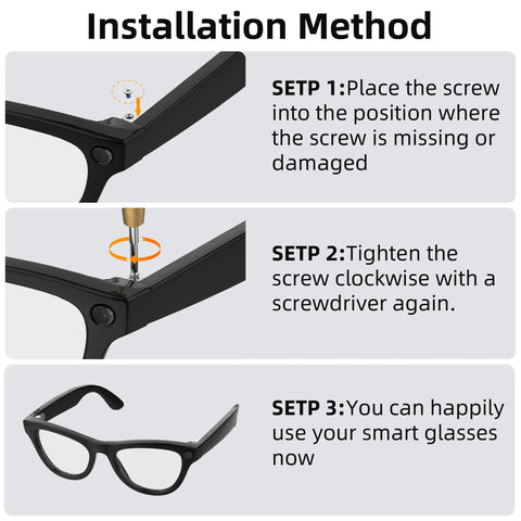 Steps showing how to use 1 Piece Screwdriver And 10 Piece Screw Set For Ray Ban Meta Wayfarer Skyler Headliner Gen 2 And Oakley Meta HSTN Smart Glasses Temple Screws Replacement Kit Quick Fix For Loose Temples.