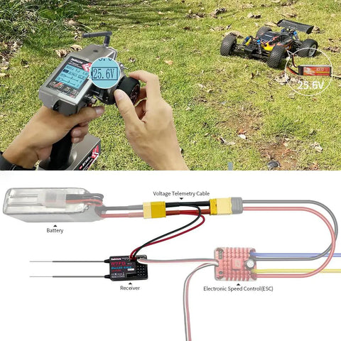 7 Channel RC Transmitter With Gyro Receiver R7FG 2.4GHz controls buggy car with telemetry display on handheld device