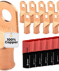 10 Pack 2/0 AWG Battery Lugs with 3/8 Inch Stud Ring Terminal Connectors Heavy Duty Bare Copper Wire Ends and Heat Shrink