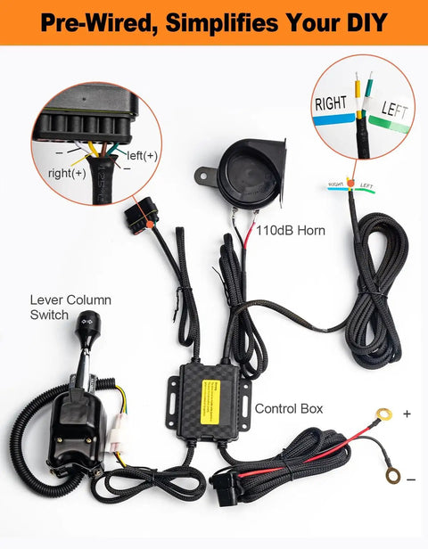 UTV Turn Signal Kit With 110dB Horn Plug And Play Prewired Blinker Kit With Lever Column Switch DC 10-48V 10A Street Legal