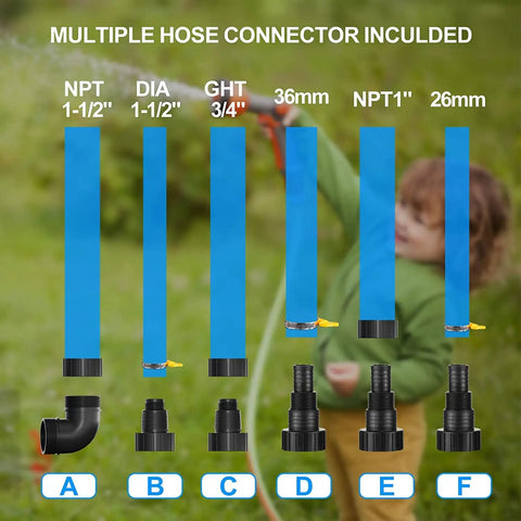 Multiple hose connectors for Portable Submersible Sump Pump 1HP Automatic Water Transfer For Clean And Dirty Water With Float Switch 4000 GPH