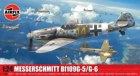 Image of Messerschmitt Bf 109 G5 G6 1 24 Scale Model Kit With Slide Molding For Crazy Fine Engine Cowlings Fuselage Exhausts And Gun Barrels Detailed Nose Armament With Machine Guns Mounts And Ammunition Boxes Optional DB605 Engine Canopy box art, showing WWII aircraft in flight over a cloudy sky.