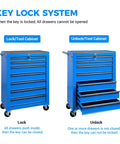Rock Solid Rolling Tool Chest With Seven Smooth Ball Bearing Drawers And Heavy Duty Swivel Casters Built To Handle The Everyday Grind For Zero Sweat Garage Organization In Deep Blue showing lock and unlock position.