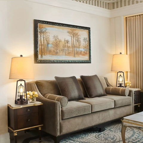 Living room setup with two Farmhouse Bedside Lamp With Touch Control And Dimmable Lighting on nightstands.